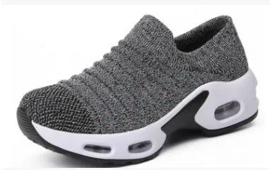 Women's plus size stretch knit socks shoes in Tao dark blue colour with mesh upper and low heel.