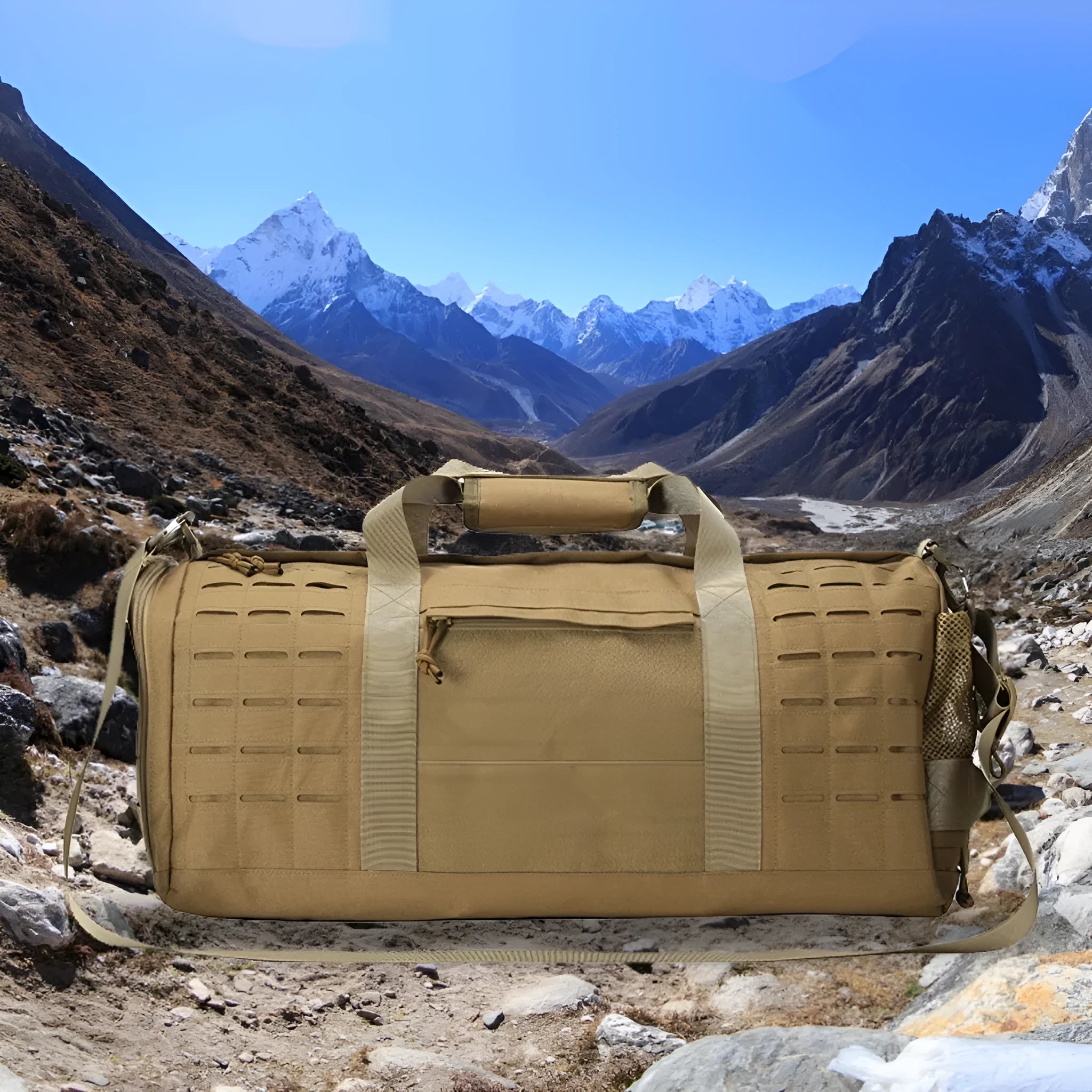 Men's waterproof Oxford cloth sports travel bag with air pillow strap, shown in khaki colour.