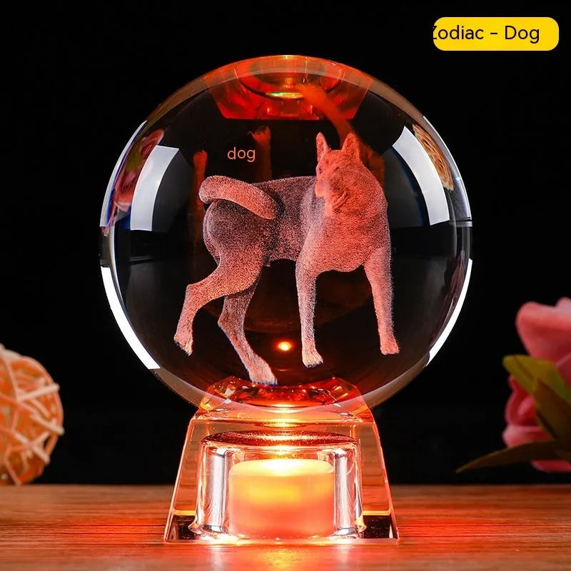 White crystal ball zodiac lamp with electronic base showing Chinese animal motif