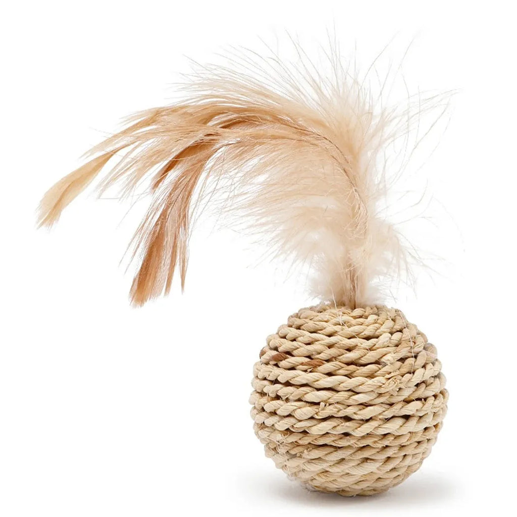 Two cat toys: rattan ball and faux feather ball with bell attachment for interactive play