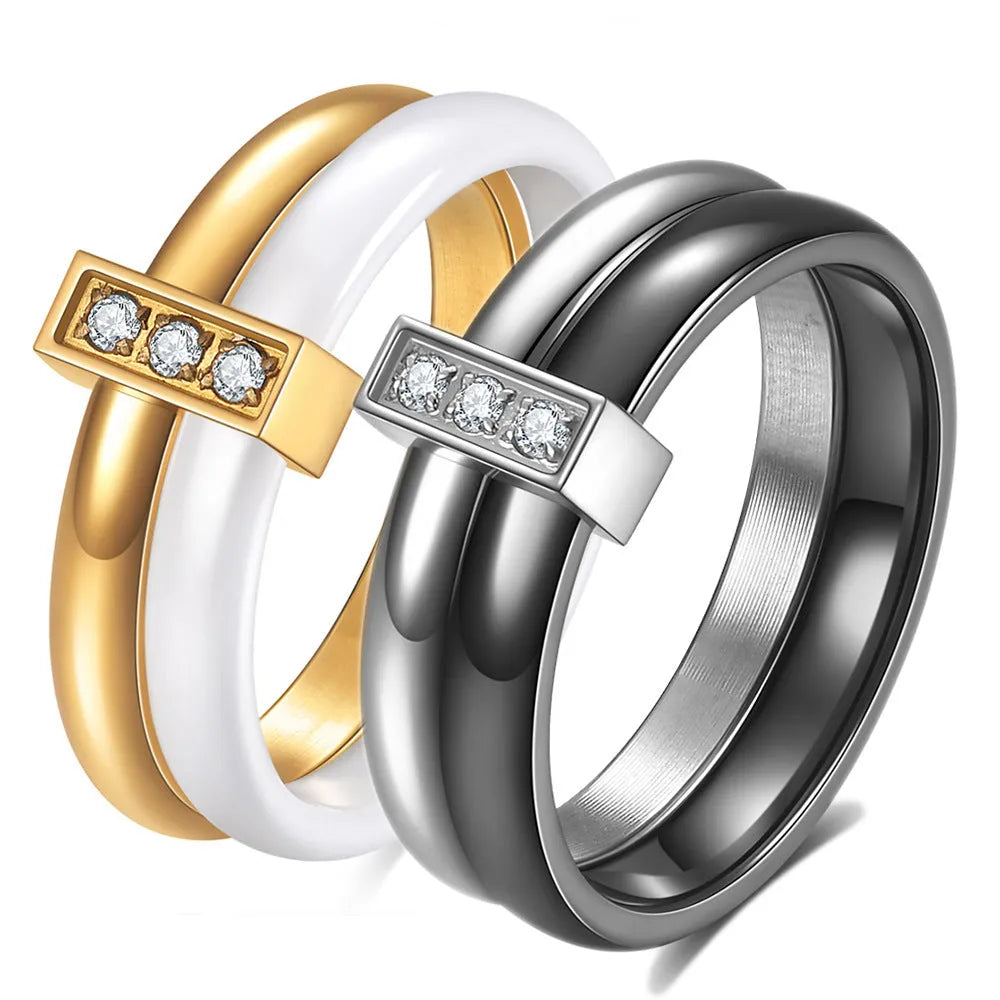 Women's ceramic ring with geometric round shape, 6mm width, inlaid zirconium and glossy stitching