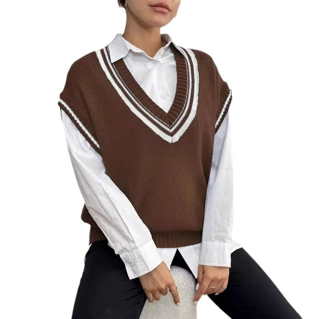 Women's college style loose fit vest sweater in black, blue, and coffee colour options