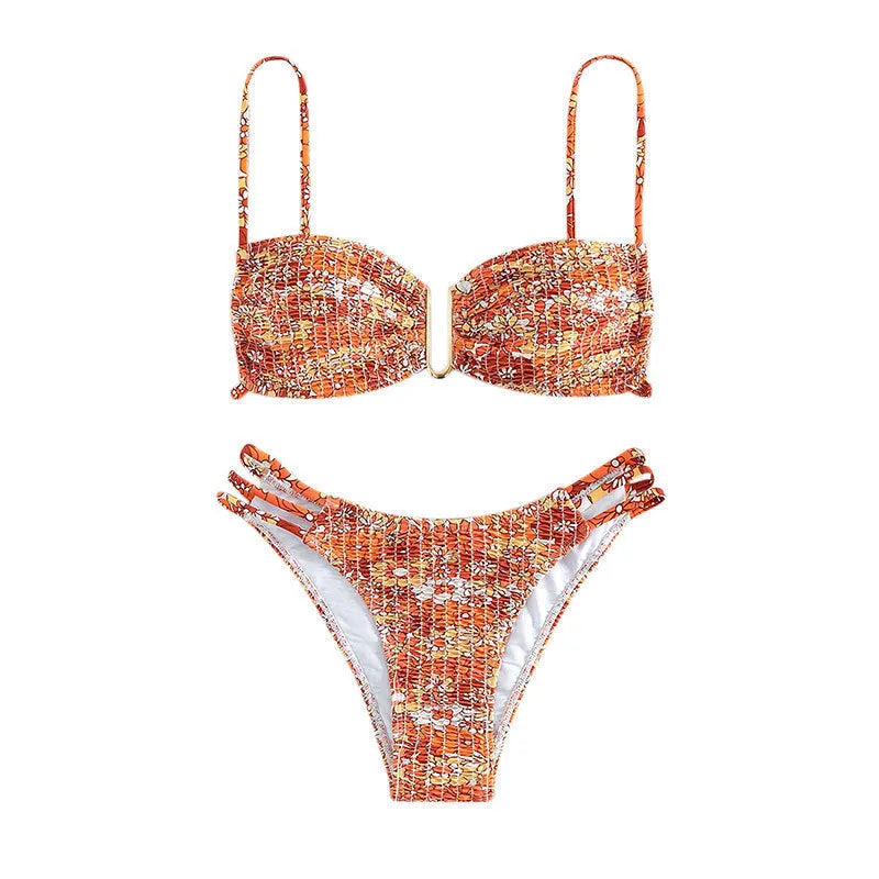Women's floral bikini swimsuit with high-waist briefs in multiple solid colour options