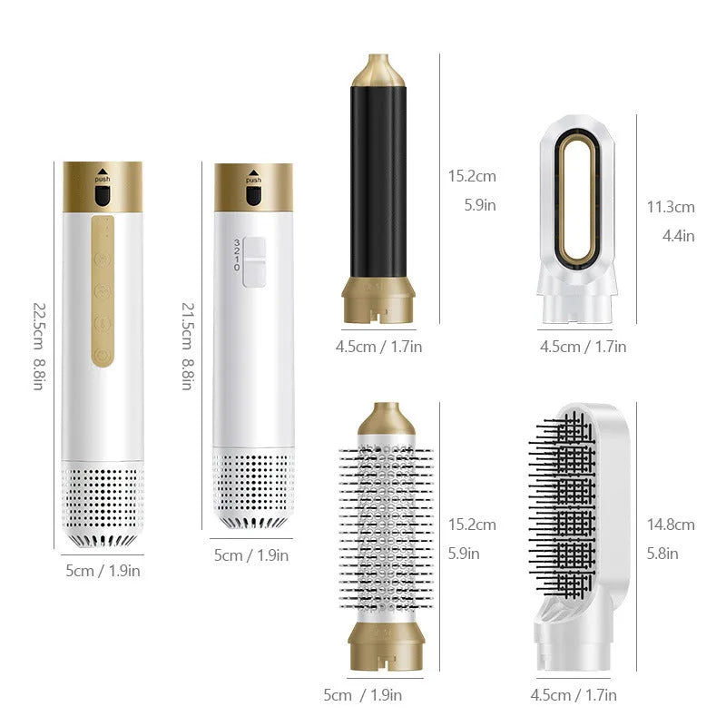 Dark blue and white 6-in-1 electric hot air comb with leather case for curling and straightening hair