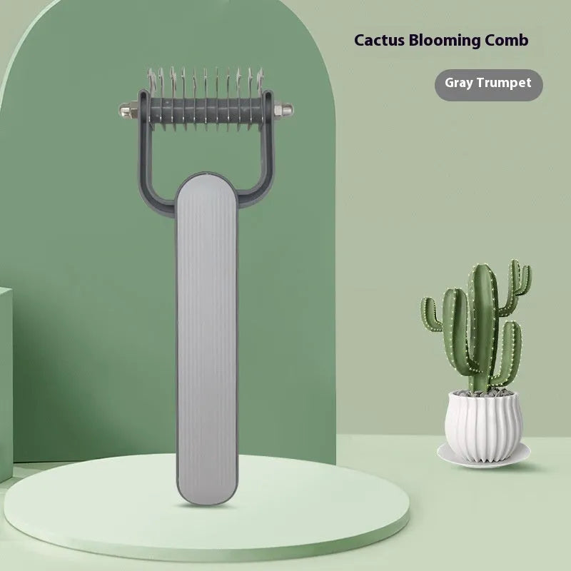 Green and grey dog de-matting combs showing large and small sizes with stainless steel teeth.
