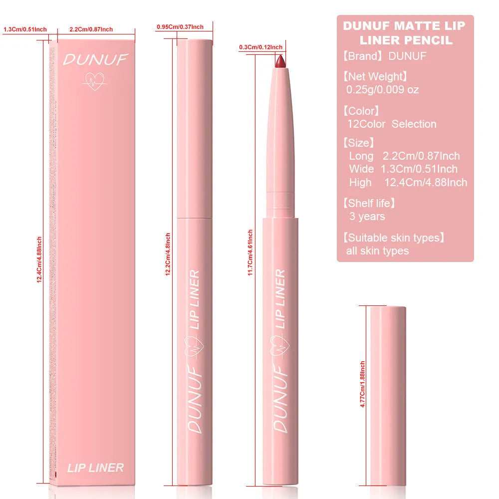 Velvet matte lip liner pencil in one of 12 available colours for easy application.