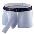 Men's solid colour ice silk boxers on a mid waist, showing available colours: grey, black, green, sapphire blue, sky blue, and blue.