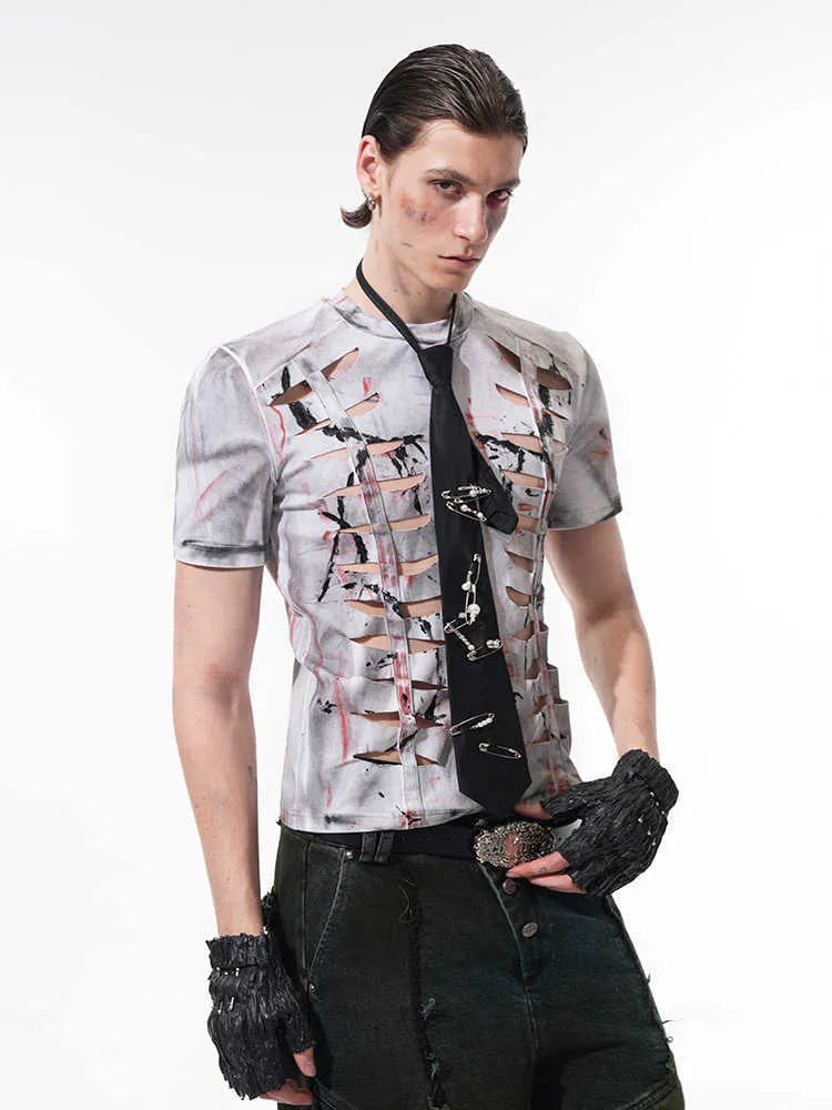 White men's stretch cotton short sleeve t-shirt with hollow-out detail and round neck collar.