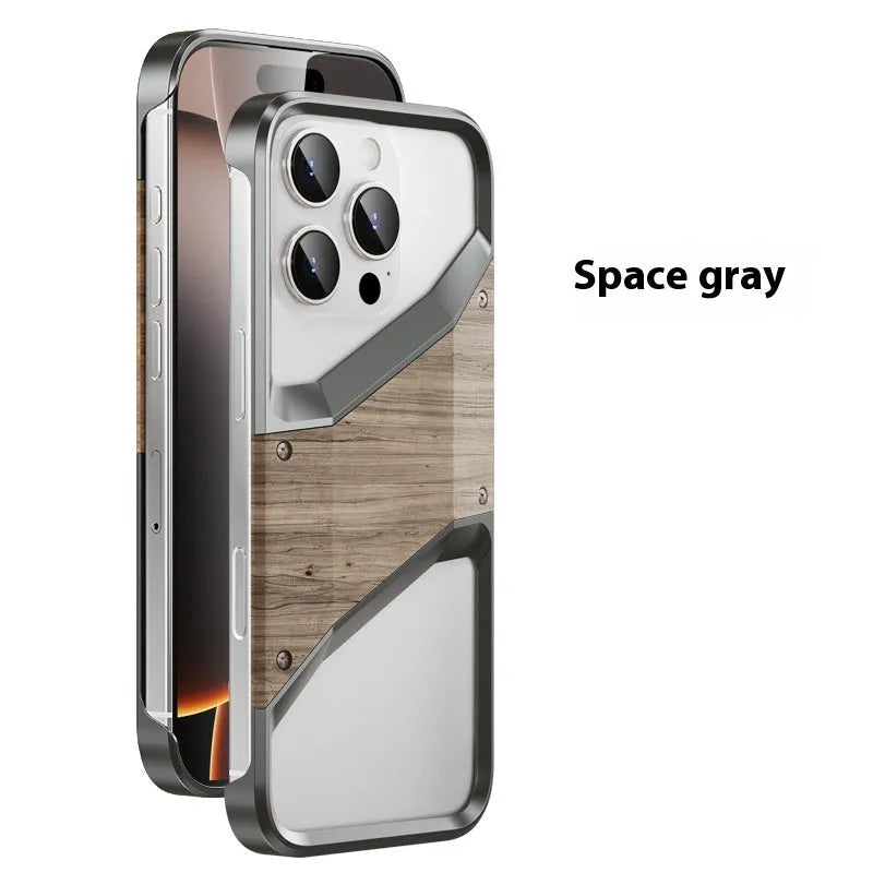 Hollow solid wood aluminium alloy heat dissipation phone case in dark gray for iPhone