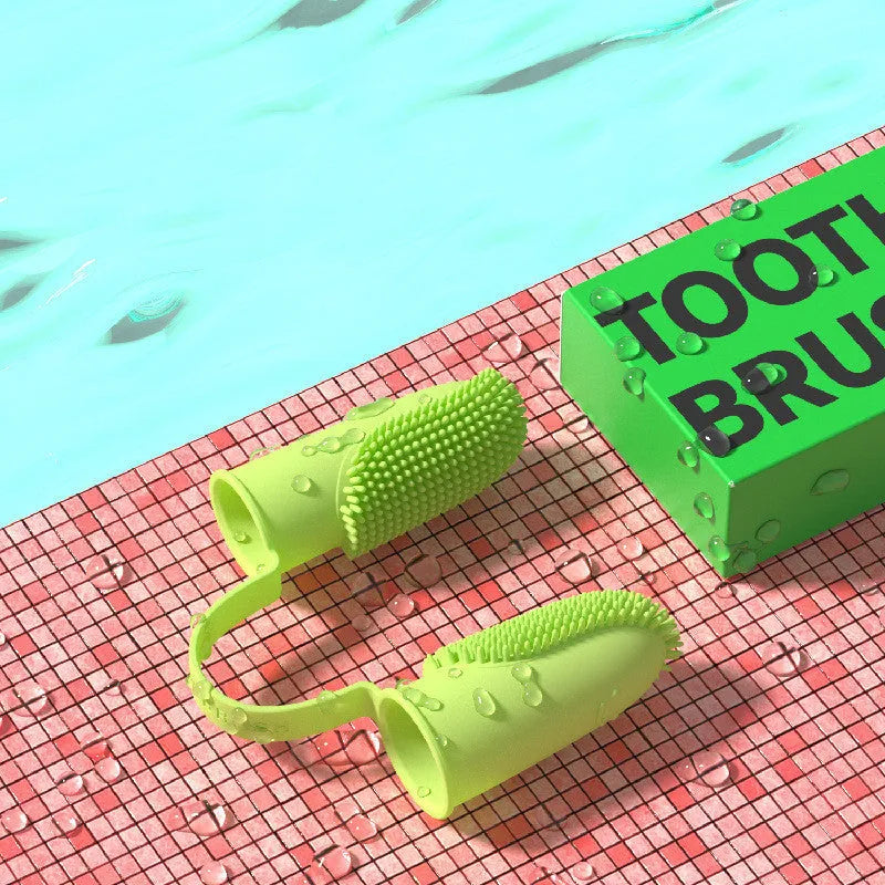 TPR pet dental finger brush in blue green, pink, or yellow for cleaning teeth and gums.