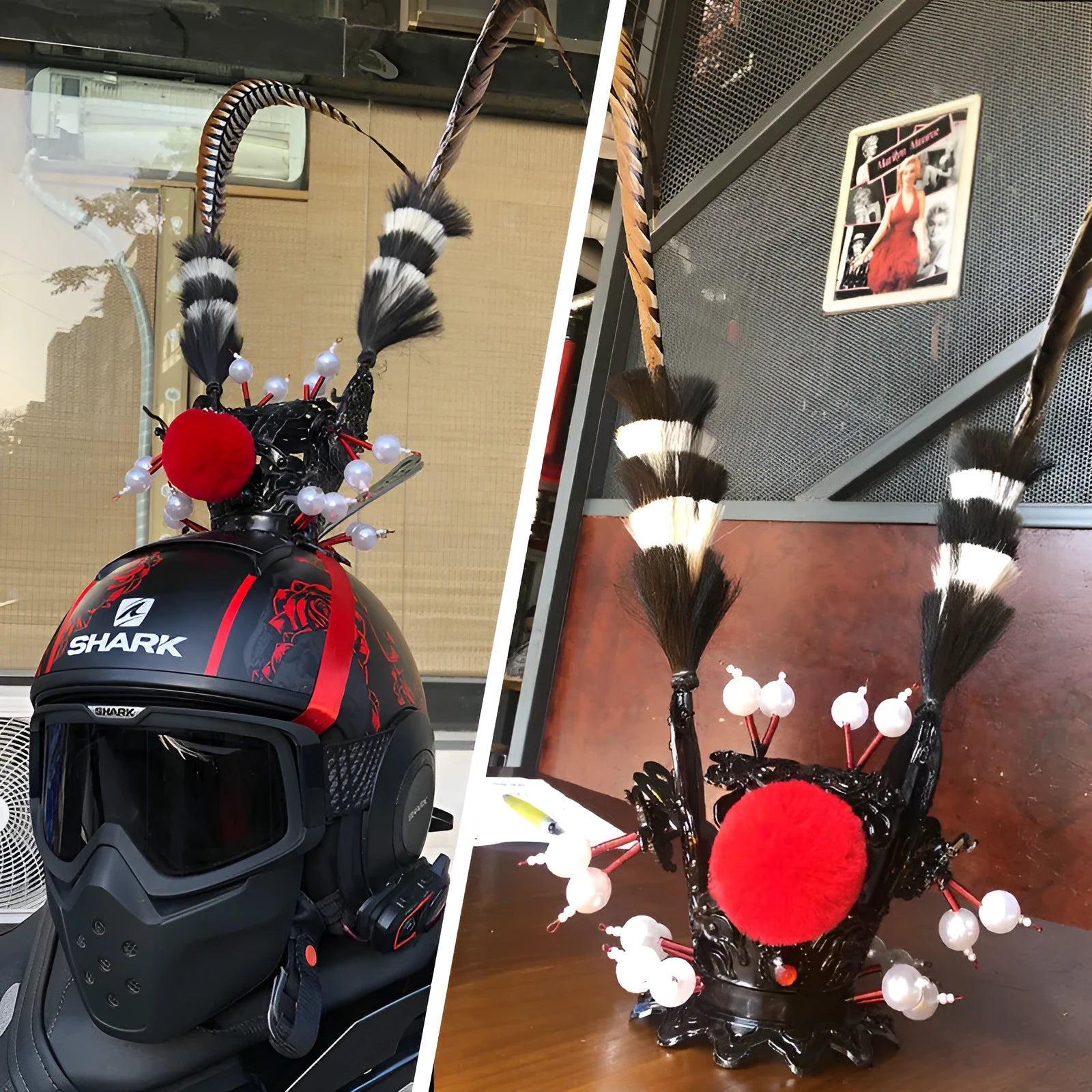 Gold crown and long quill feather ornament for customising a motorcycle helmet