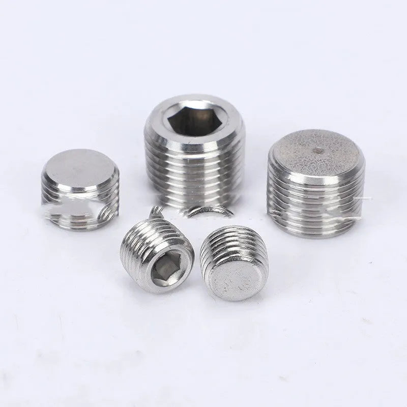 Stainless steel hexagon plug for 3/8 inch pipe bulkhead with hexagonal head.