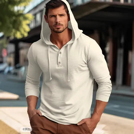 Men's dark blue cotton pullover hoodie with long sleeves on a hanger