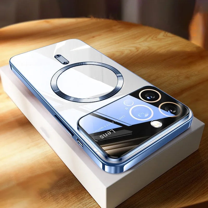 Magnetic transparent TPU phone case with large window for iPhone, available in multiple colours, electroplated finish