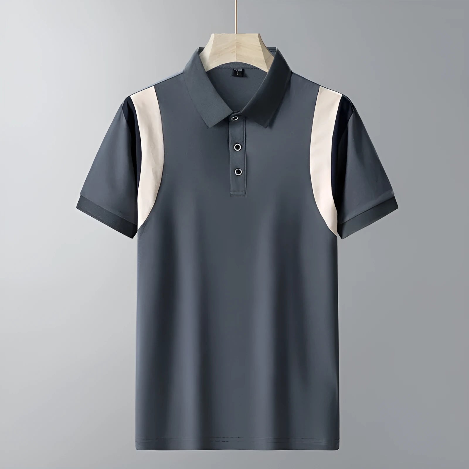 Man modelling a striped short-sleeved T-shirt with a business lapel collar in a loose fit.