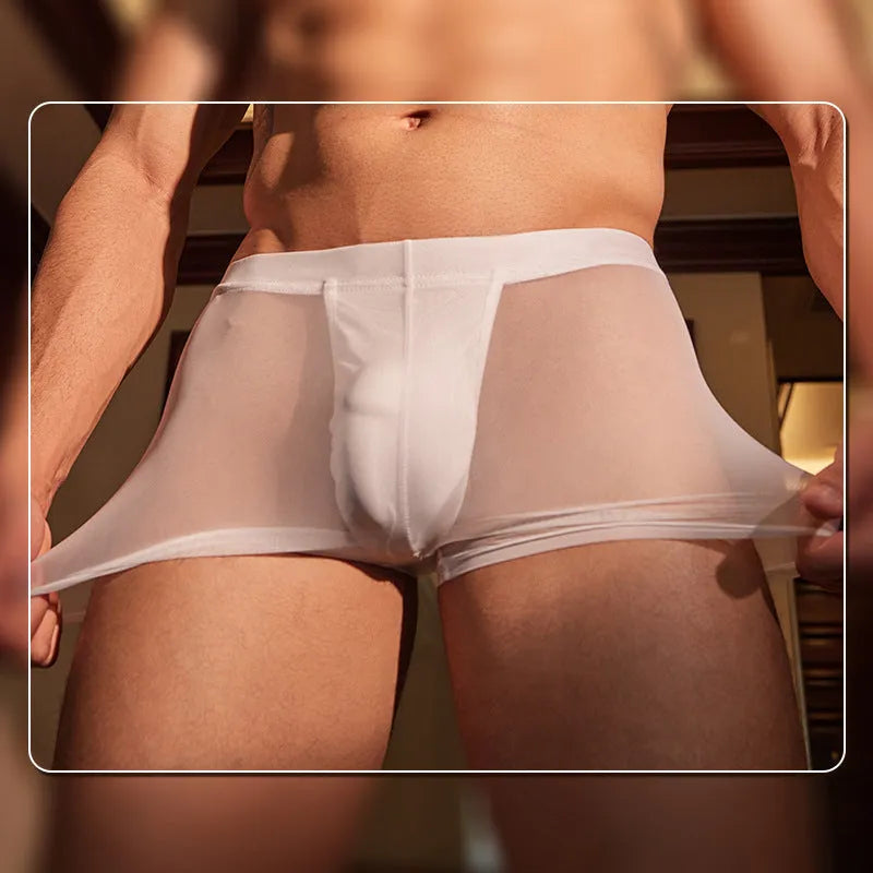 Men's black and white ultra-thin nylon boxer briefs showing free size label and breathable construction