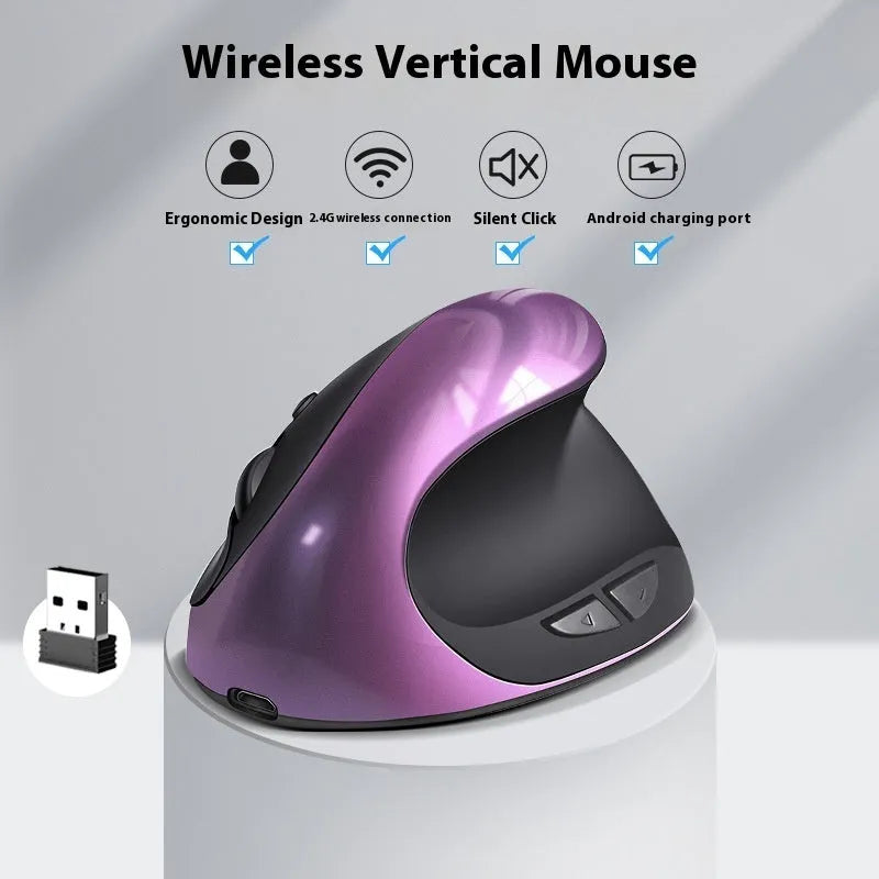 Vertical ergonomic computer mouse in black with USB connector showing side grip