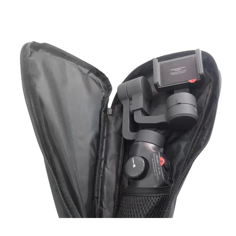 Black cloth storage bag for mobile phone stabilizer with zipped closure and multiple interior compartments