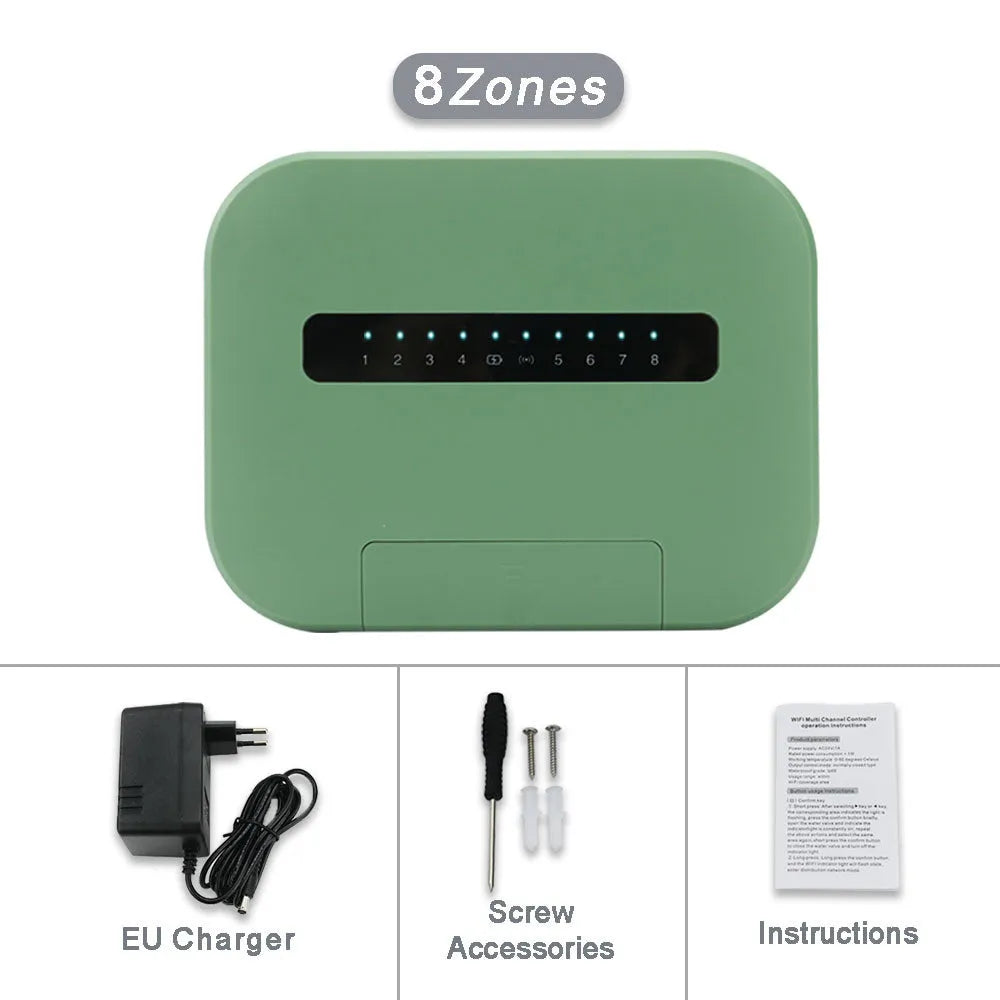 8-way smart water valve irrigation controller with wireless bridge, available in white green gray and black for EU garden use