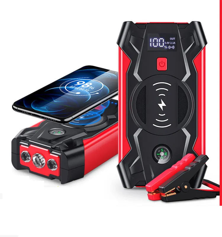 Red car emergency start power device with digital display showing 39800W output for vehicle jump starting