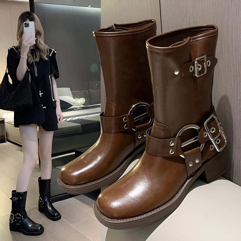 Women's black platform fashion boots with buckle detail and mid-calf length