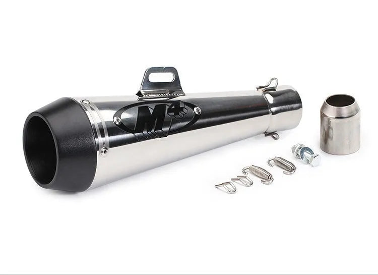 Universal M4 motorcycle exhaust pipe in black, titanium, blue, or white steel finish for large displacement bikes.