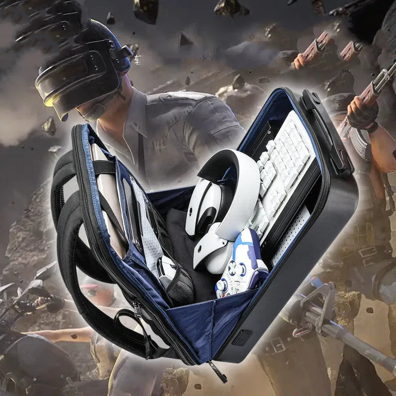 Hard shell PC gaming backpack with multiple compartments and double straps in black or silver colour options
