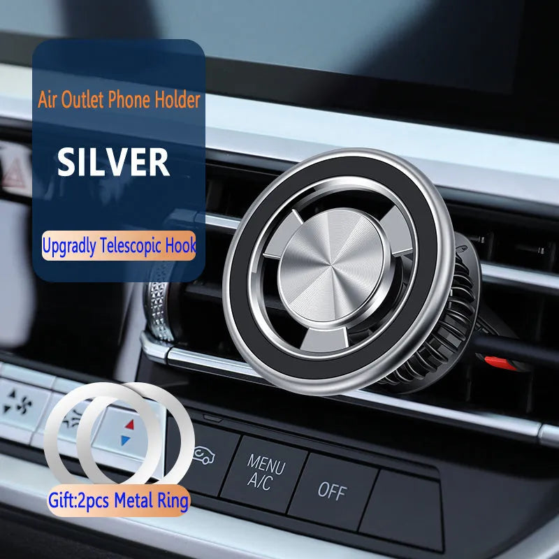 Silver air vent magnetic car phone holder with alloy construction and ABS mounting bracket