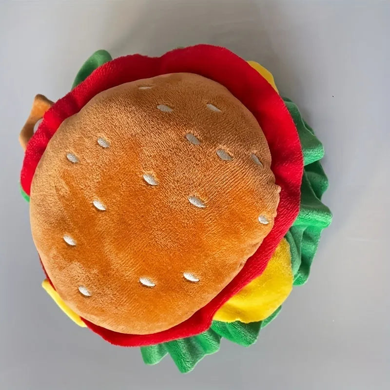 Cartoon burger hat headdress collar for a cat, showing soft fabric construction and collar fastening.