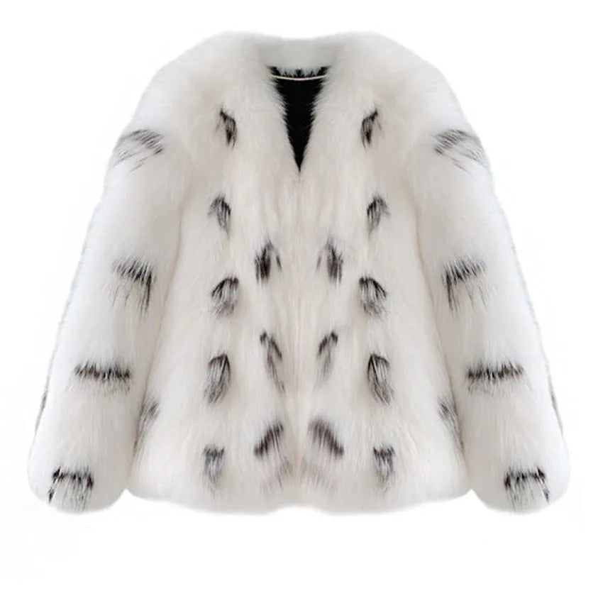 Women's short black and white faux raccoon fur coat in Korean street style, shown on a hanger.