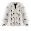 Women's short black and white faux raccoon fur coat in Korean street style, shown on a hanger.