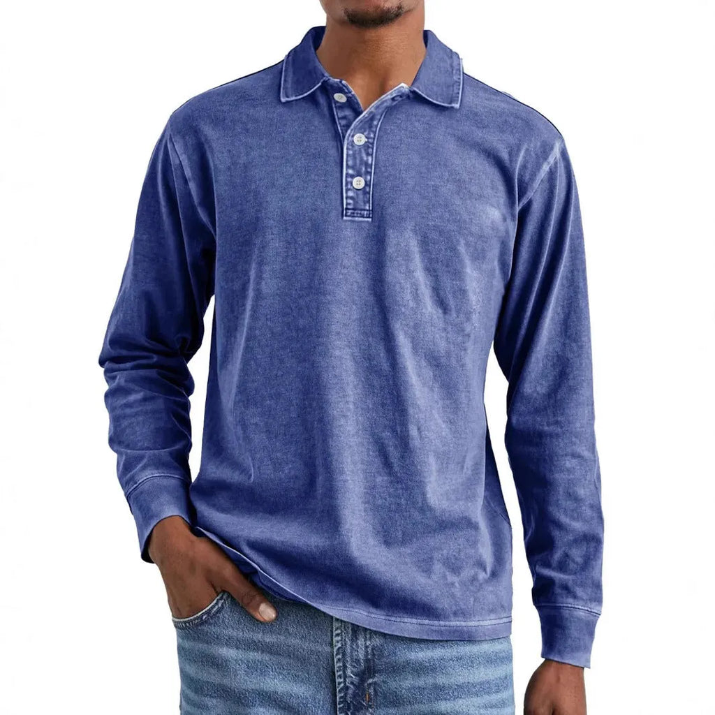 Men's retro washed distressed pure cotton lapel long sleeve polo shirt on a hanger.
