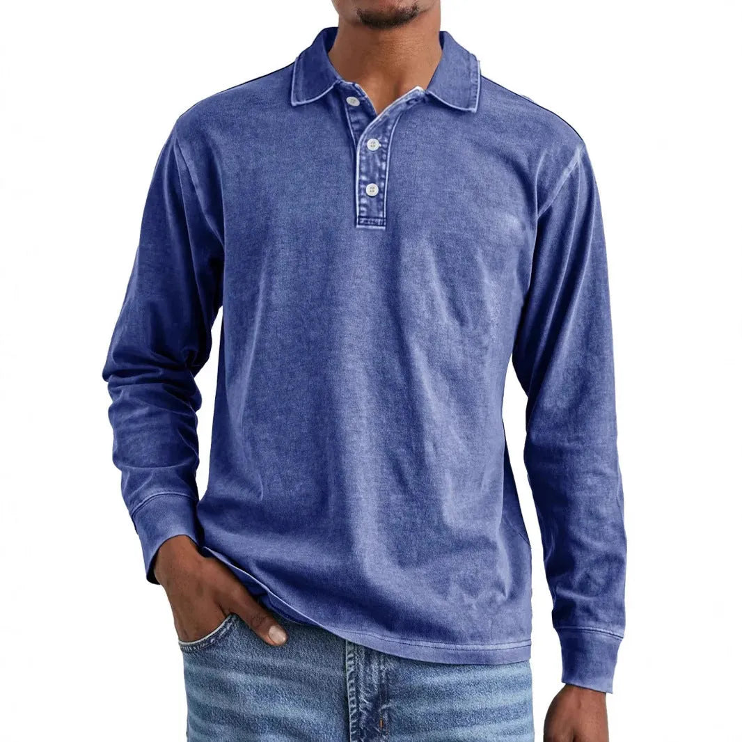 Men's retro washed distressed pure cotton lapel long sleeve polo shirt on a hanger.