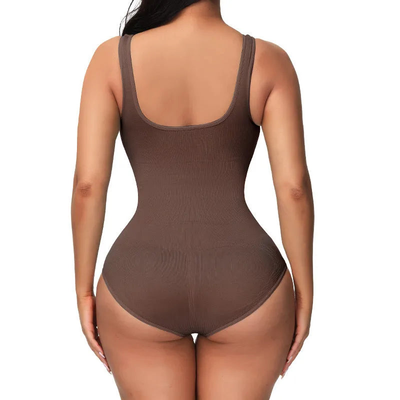 Seamless women's shaping bodysuit in nylon fabric shown in apricot colour.