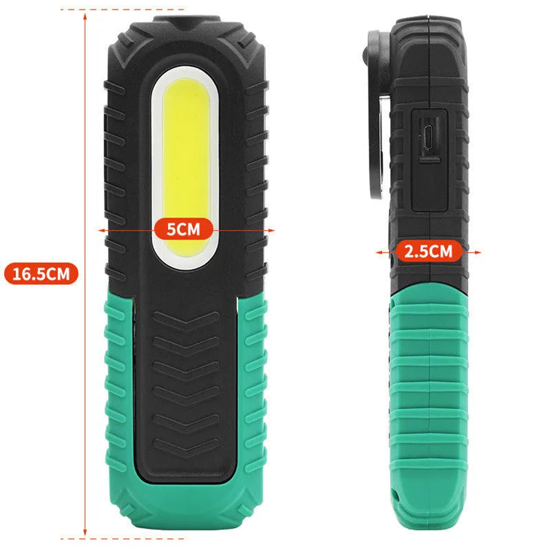 Black and green USB rechargeable auto repair work light with 165mm length