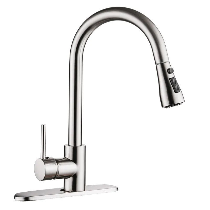 Brushed copper pull-out kitchen faucet with stainless steel body, single handle, and wire-drawn finish