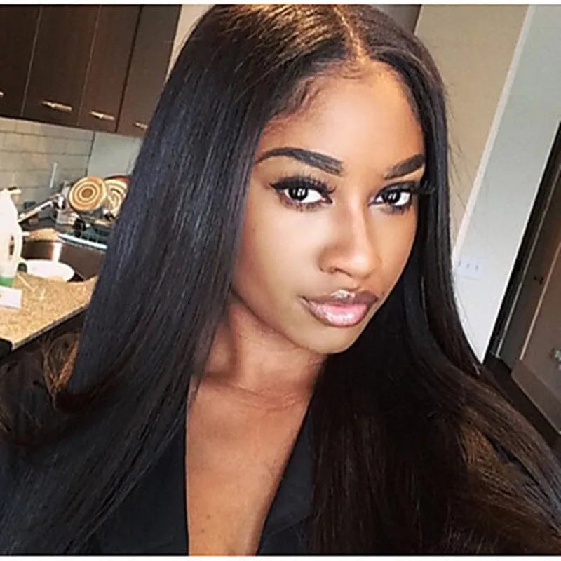 Long straight black wig with centre-parted bangs for women made from high-temperature fibre
