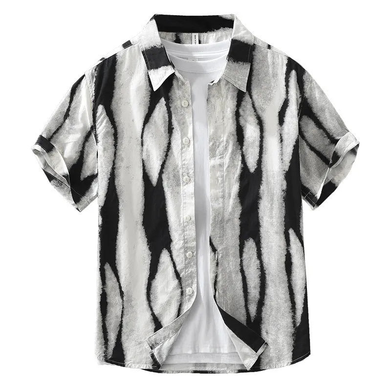 A retro-style black and white striped short sleeve shirt with a loose, cardigan fit.