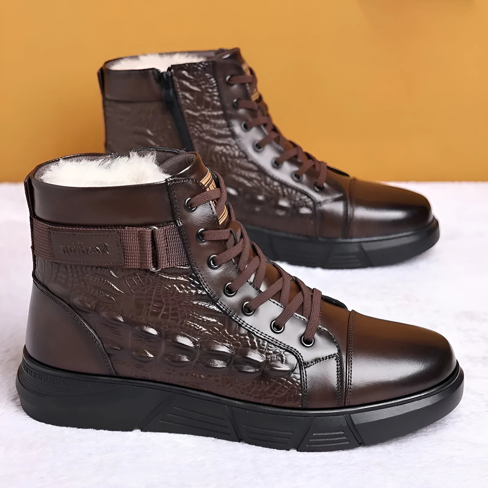 Women's brown genuine leather lace-up snow boots with fur trim and a rubber sole on a white background.