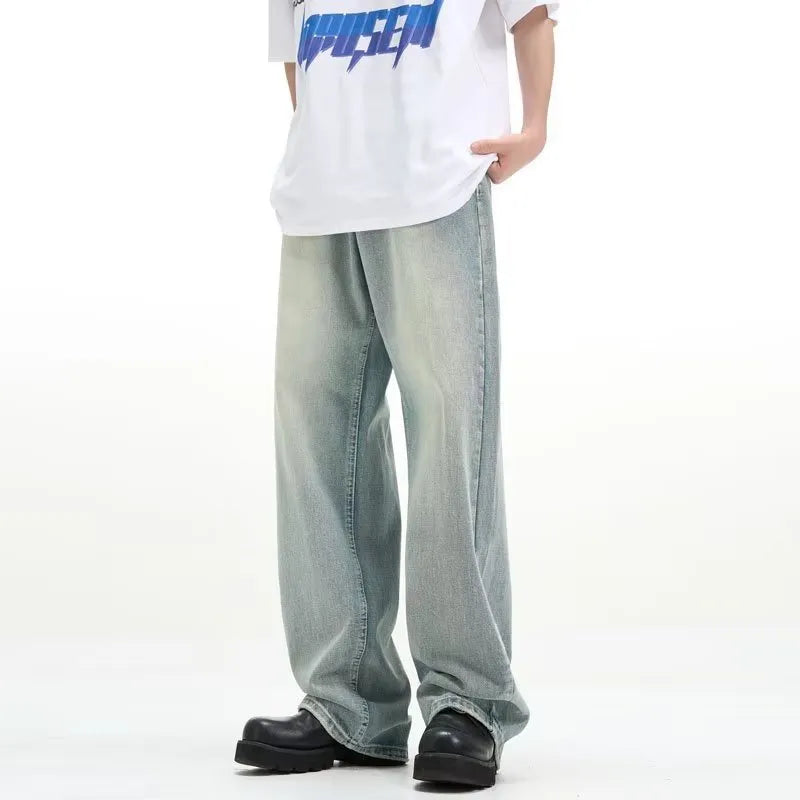A pair of loose-fitting blue retro trousers made from rabbit fur fabric.
