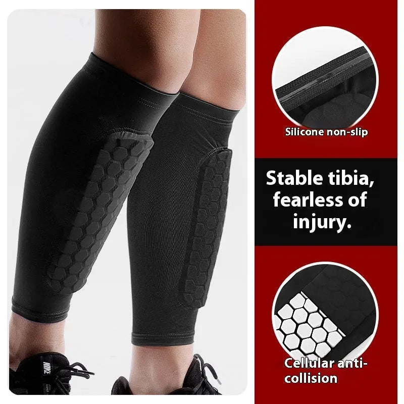 Outdoor sports honeycomb anti-collision leg protector in black polyester fibre, sizes M L XL
