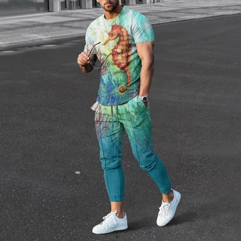 Men's short-sleeve polyester suit set showing T-shirt and trousers in printed colours