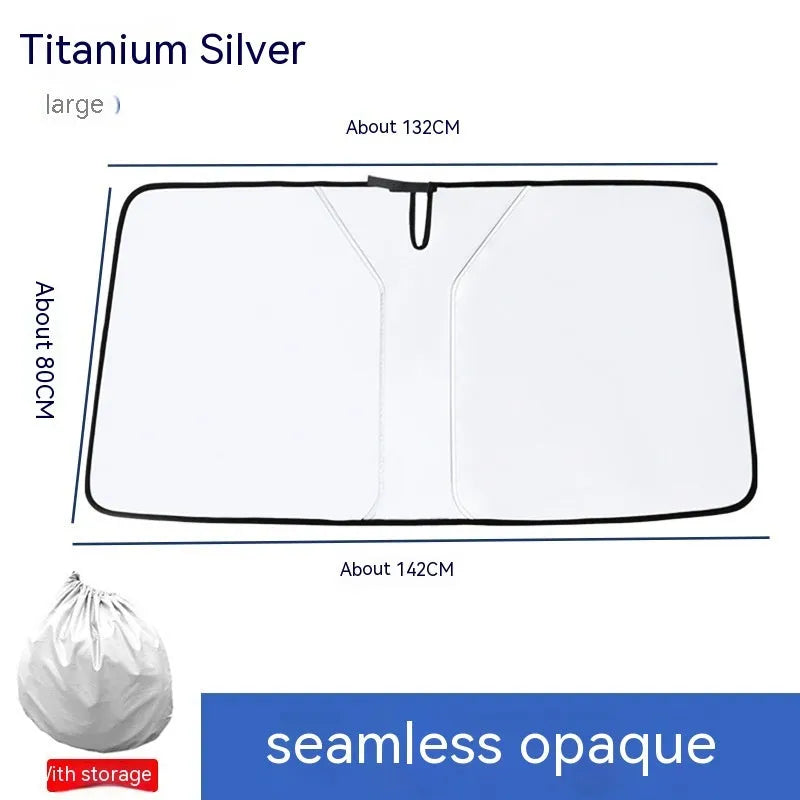 Car windscreen sunshade with double ring front shield and titanium silver coating