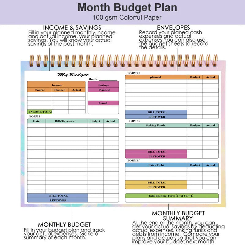 B5 spiral-bound budget tally notebook with a PP cover, open on a table.
