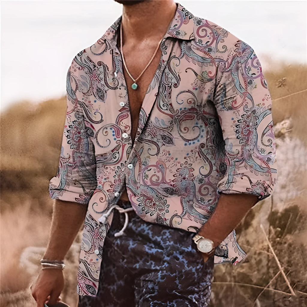 Man wearing a loose fit long sleeve shirt with a detailed 3D flower pattern print