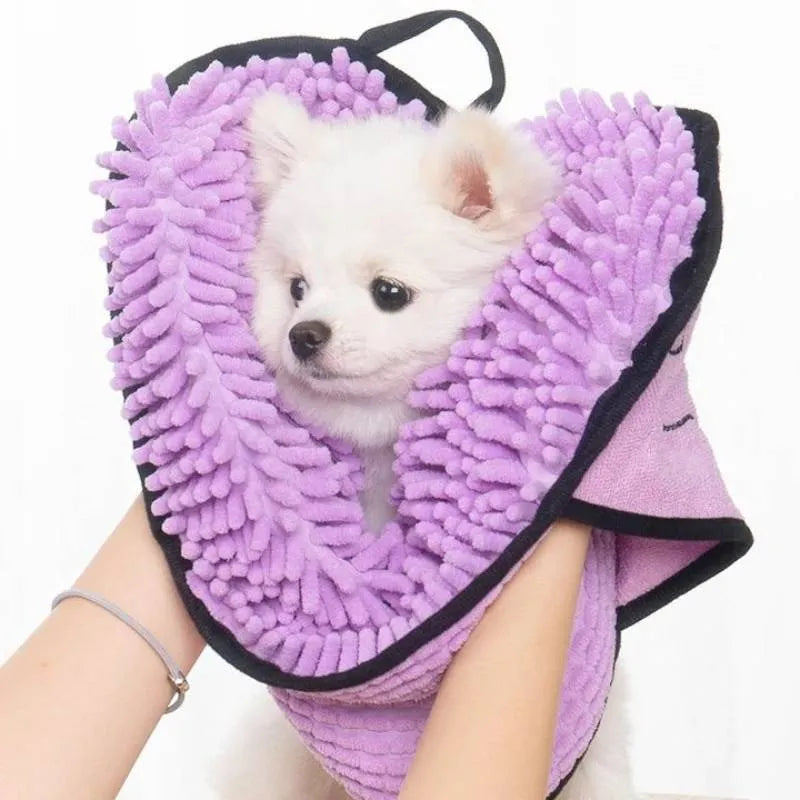 Soft fibre pet bath towel in blue, grey, purple, or red, measuring 62 cm by 23 cm.