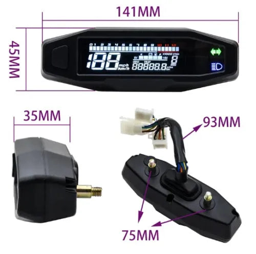 Black motorcycle mini speedometer with LCD display showing speed and oil gauge readings