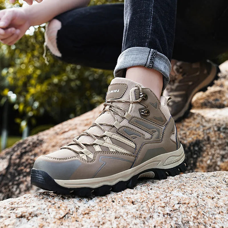 High-top outdoor hiking sneaker in multiple colours with flannel upper and lace-up front.