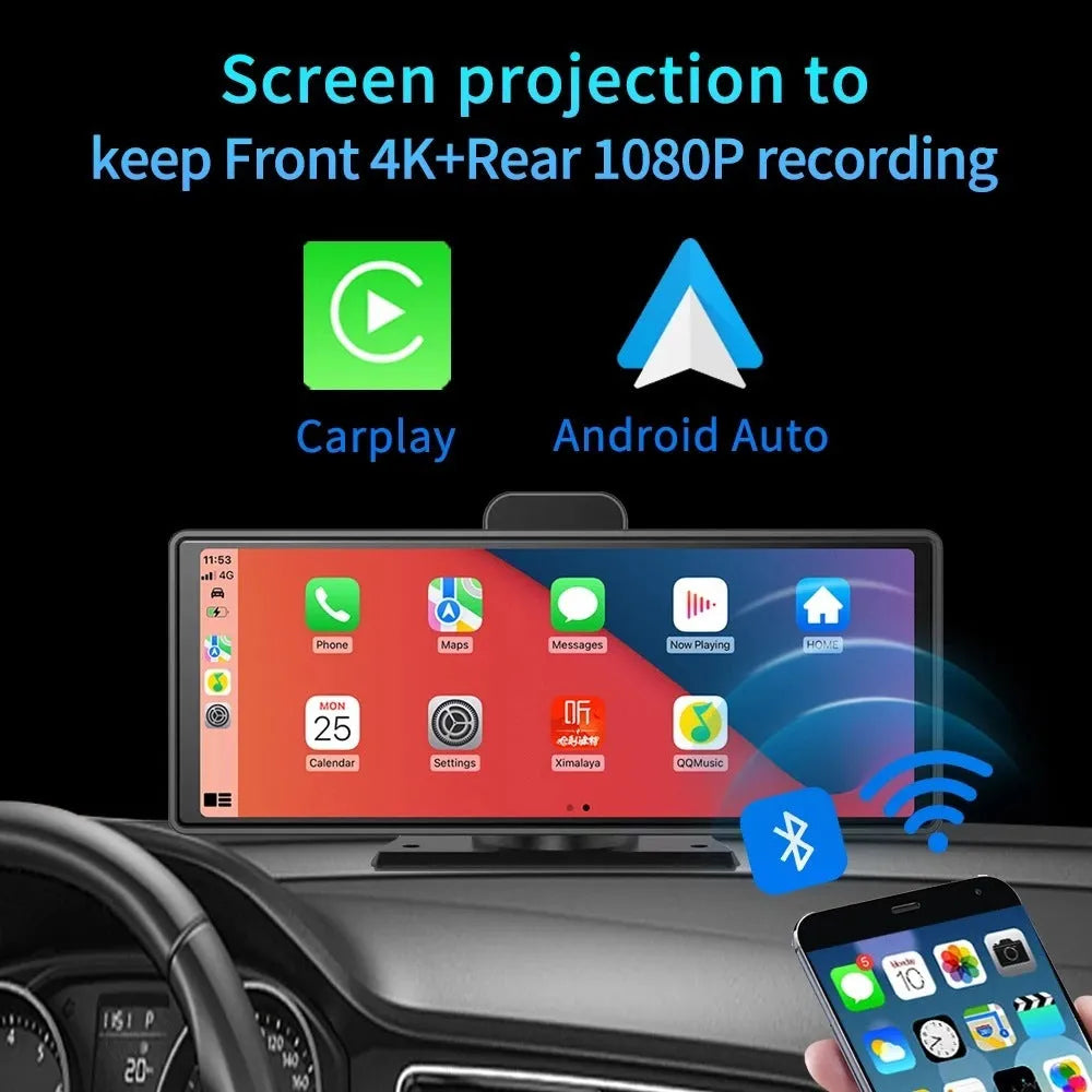 10.26-inch car dash camera with touch screen displaying dual camera view