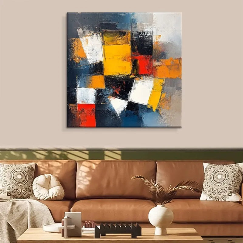 Hand-painted abstract oil painting on canvas, square unframed size 80x80cm, colourful design on white background.